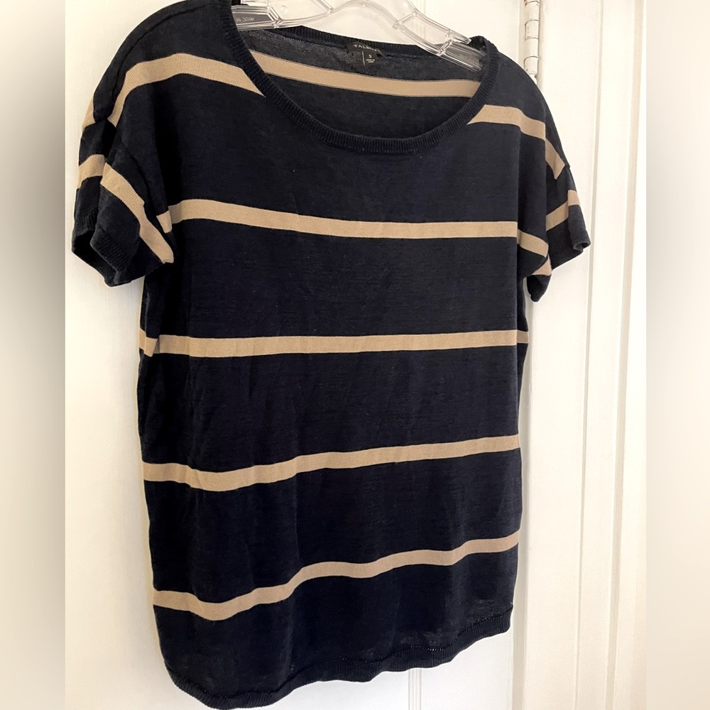 Talbots Navy & Tan Stripe Short Sleeved Top